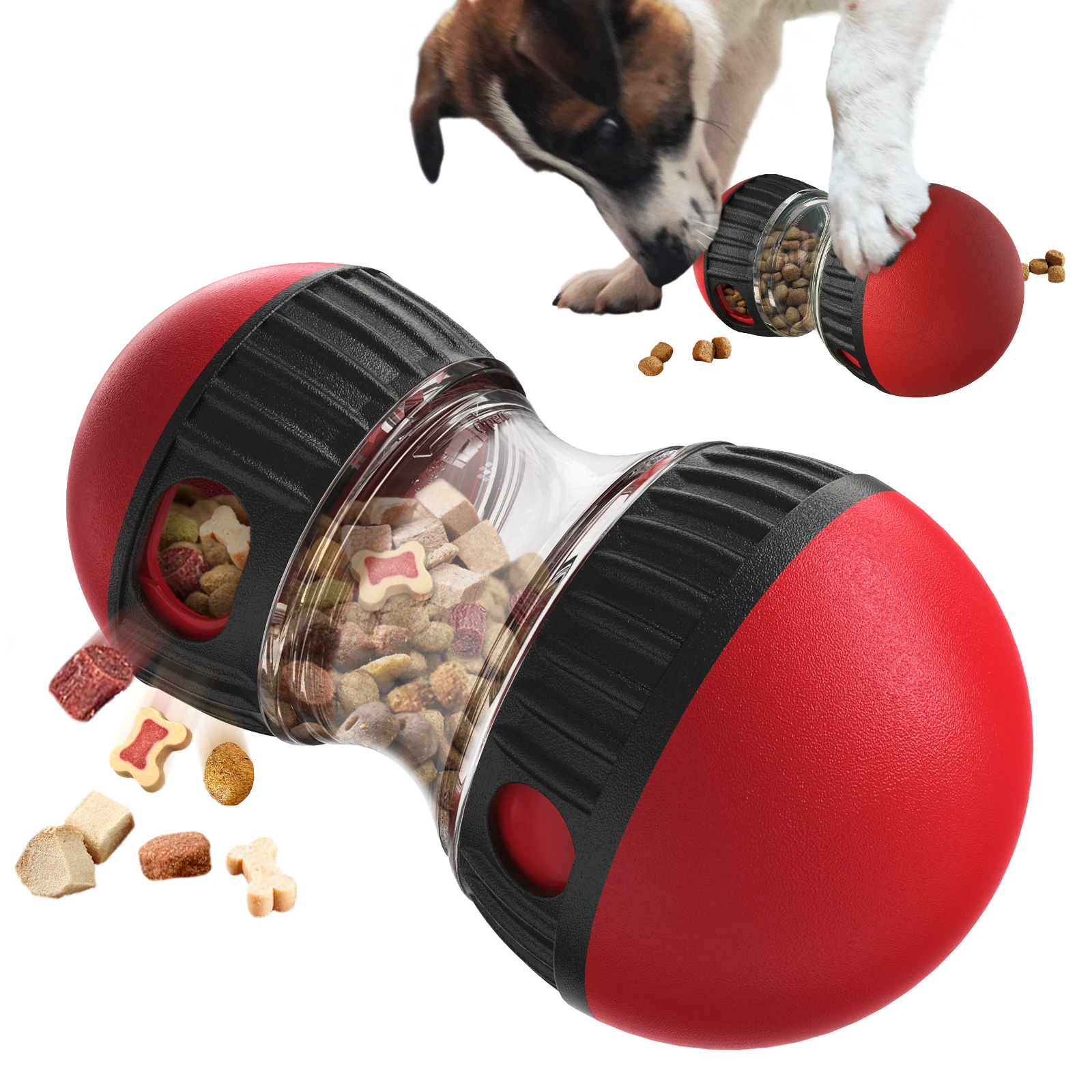 A dog is playing and treating with its smart toy